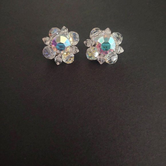 Vintage crystal and aurora borealis clip on earrings - Picture 2 of 7